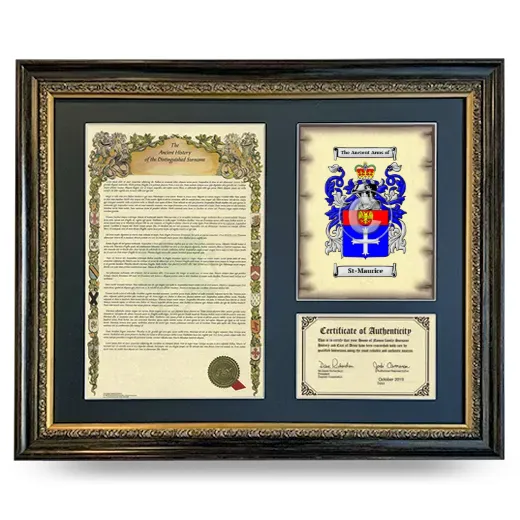 St-Maurice Framed Surname History and Coat of Arms- Heirloom