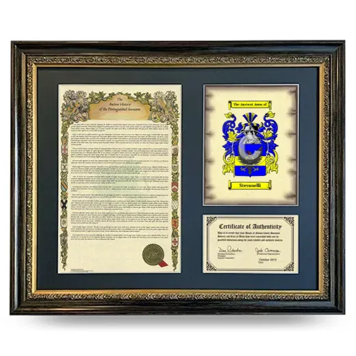 Stevanelli Framed Surname History and Coat of Arms- Heirloom