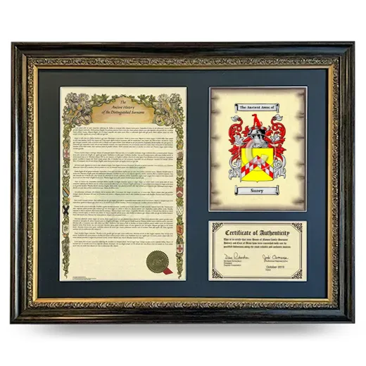 Surey Framed Surname History and Coat of Arms- Heirloom