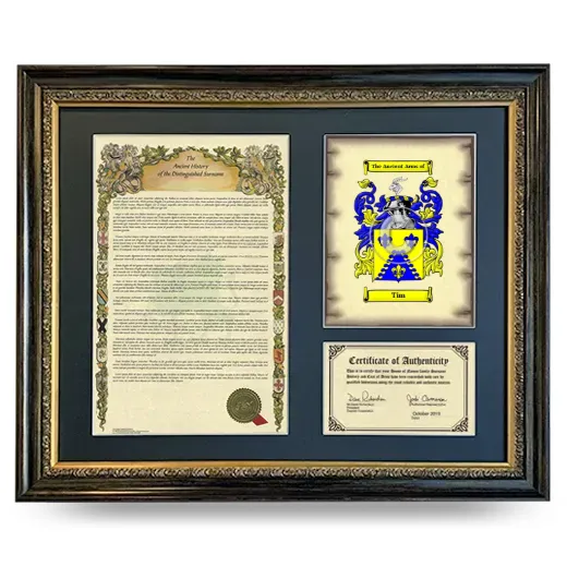 Tim Framed Surname History and Coat of Arms- Heirloom