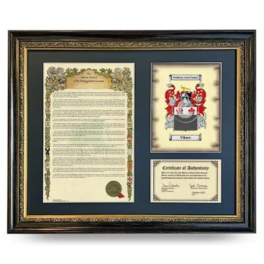 Vikare Framed Surname History and Coat of Arms- Heirloom