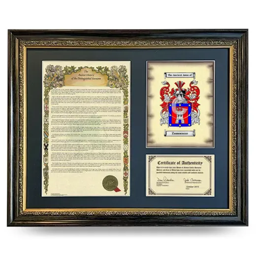 Zamorano Framed Surname History and Coat of Arms- Heirloom