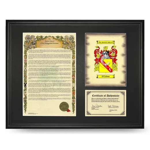 O'Calens Framed Surname History and Coat of Arms - Black