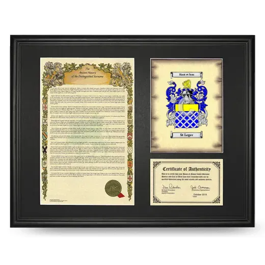 St Leger Framed Surname History and Coat of Arms - Black