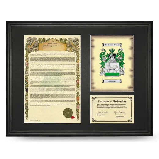 Alcazar Framed Surname History and Coat of Arms - Black