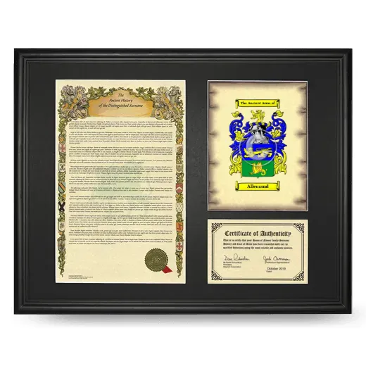 Allemand Framed Surname History and Coat of Arms - Black