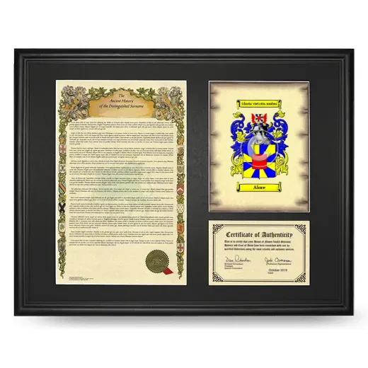Alore Framed Surname History and Coat of Arms - Black