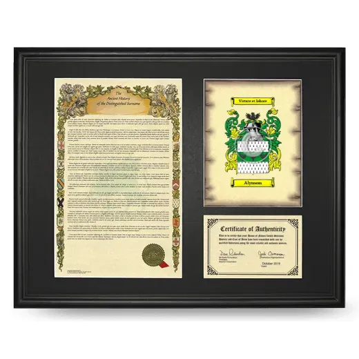 Alynson Framed Surname History and Coat of Arms - Black