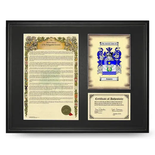 Amaro Framed Surname History and Coat of Arms - Black
