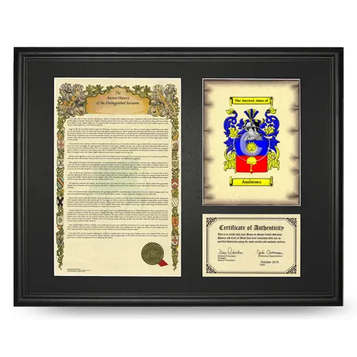 Ambroso Framed Surname History and Coat of Arms - Black