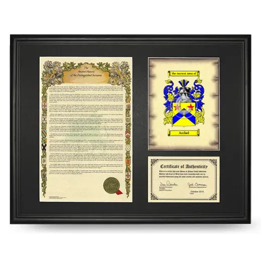 Archel Framed Surname History and Coat of Arms - Black