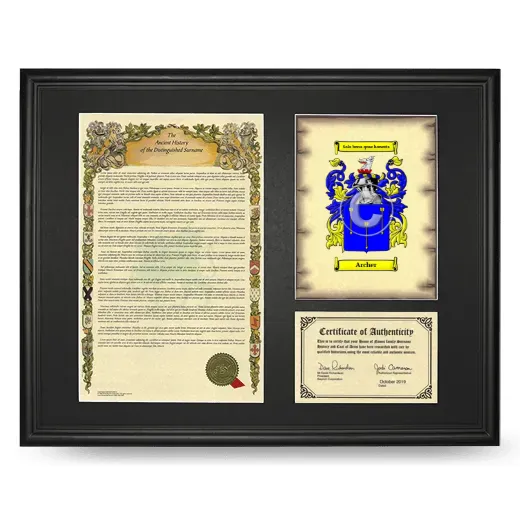 Archer Framed Surname History and Coat of Arms - Black