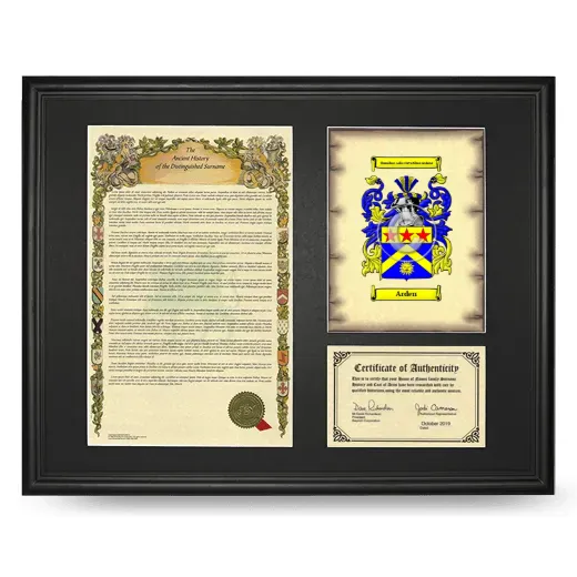 Arden Framed Surname History and Coat of Arms - Black