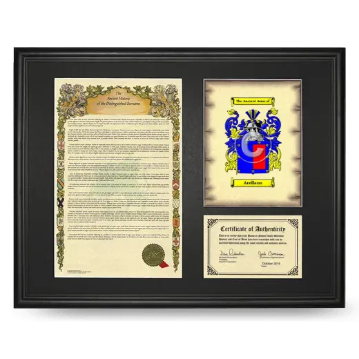 Arellano Framed Surname History and Coat of Arms - Black