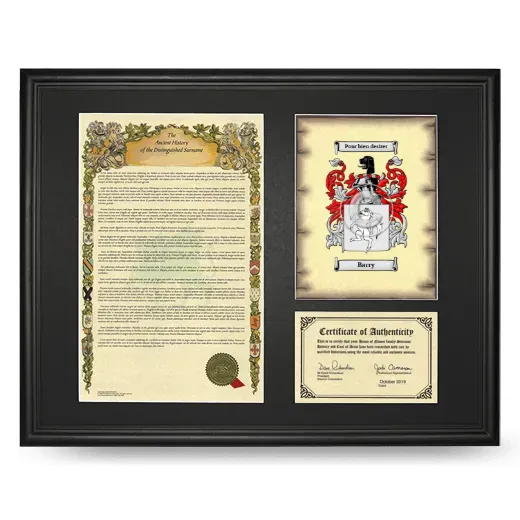 Barry Framed Surname History and Coat of Arms - Black
