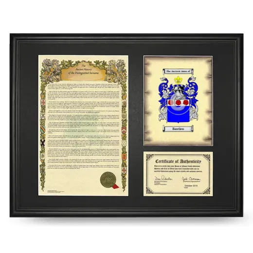 Bastien Framed Surname History and Coat of Arms - Black