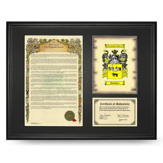 Bearman Framed Surname History and Coat of Arms - Black