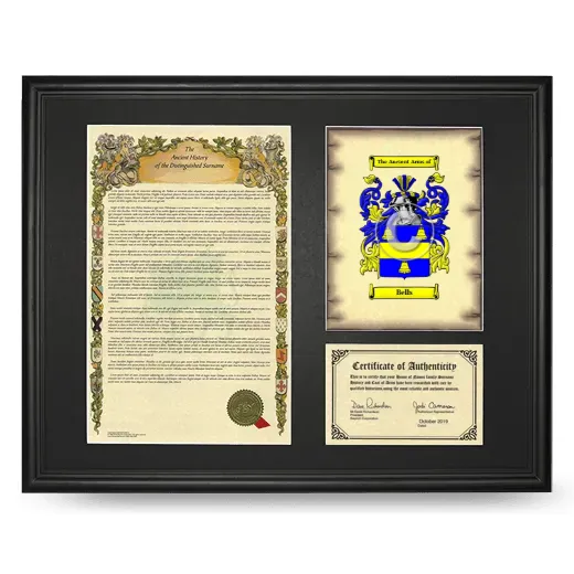 Bells Framed Surname History and Coat of Arms - Black