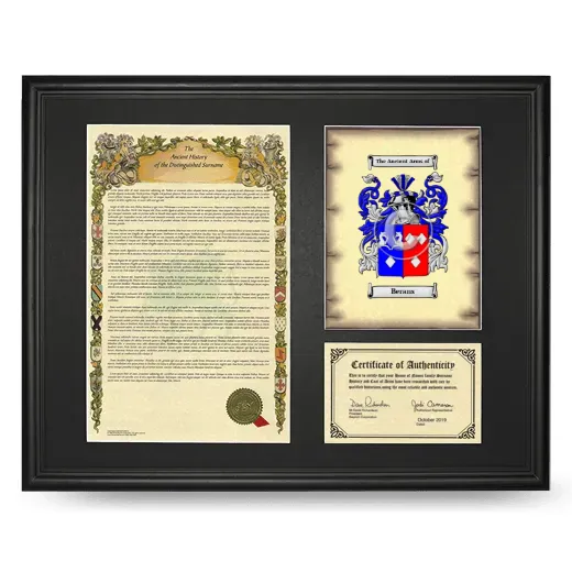 Berans Framed Surname History and Coat of Arms - Black