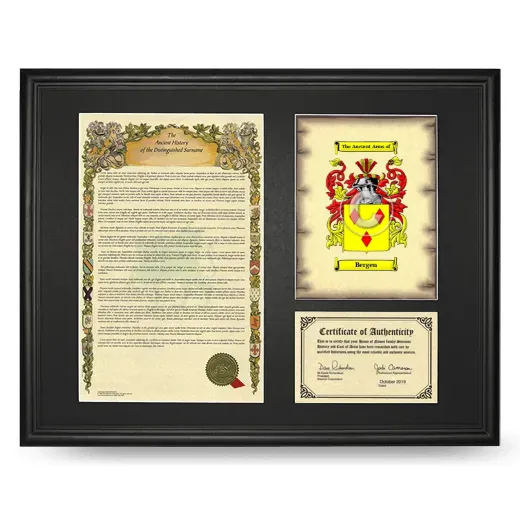 Bergen Framed Surname History and Coat of Arms - Black