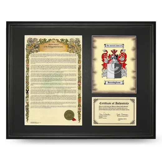 Bermingham Framed Surname History and Coat of Arms - Black