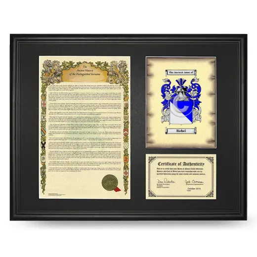 Biebel Framed Surname History and Coat of Arms - Black
