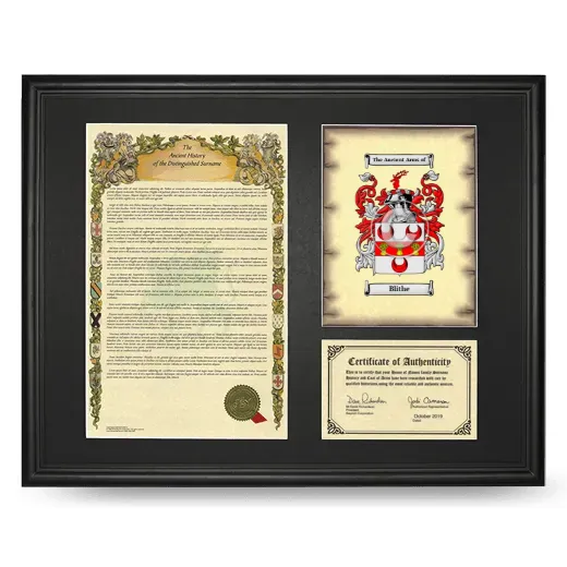 Blithe Framed Surname History and Coat of Arms - Black