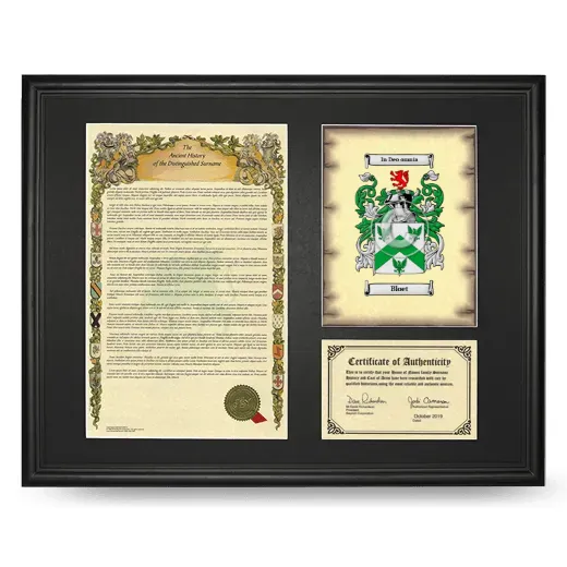 Bloet Framed Surname History and Coat of Arms - Black