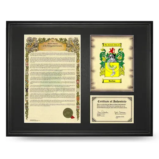Boehm Framed Surname History and Coat of Arms - Black