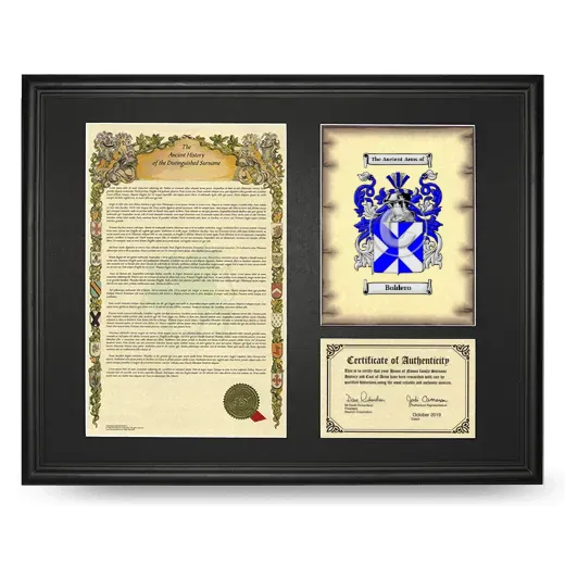 Boldero Framed Surname History and Coat of Arms - Black