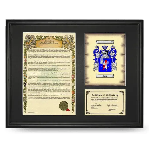 Bosin Framed Surname History and Coat of Arms - Black