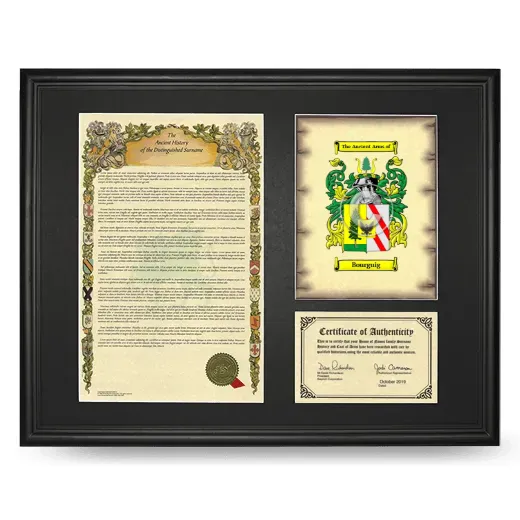 Bourguig Framed Surname History and Coat of Arms - Black