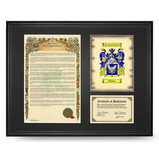 Briseno Framed Surname History and Coat of Arms - Black