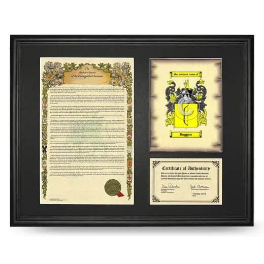 Buggen Framed Surname History and Coat of Arms - Black