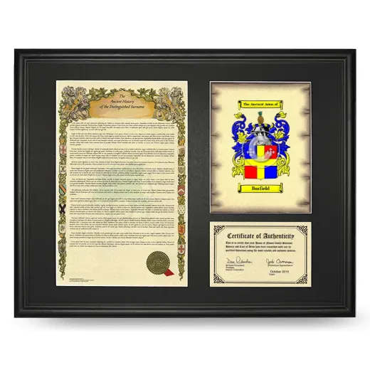 Burfield Framed Surname History and Coat of Arms - Black