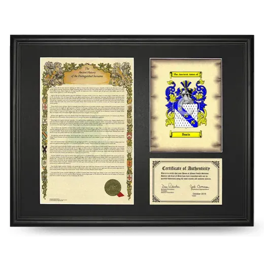 Buris Framed Surname History and Coat of Arms - Black