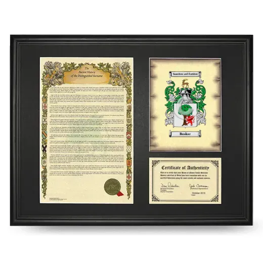Buskar Framed Surname History and Coat of Arms - Black