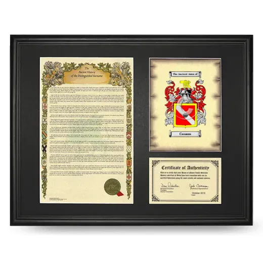Canans Framed Surname History and Coat of Arms - Black