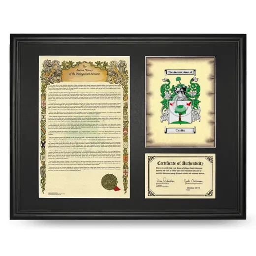 Carity Framed Surname History and Coat of Arms - Black