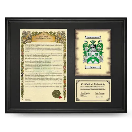 Carlson Framed Surname History and Coat of Arms - Black