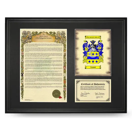Casani Framed Surname History and Coat of Arms - Black