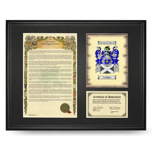 Castigan Framed Surname History and Coat of Arms - Black