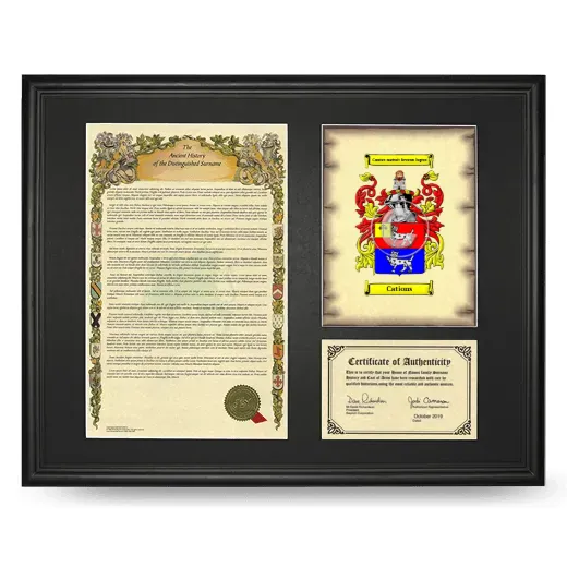 Cations Framed Surname History and Coat of Arms - Black