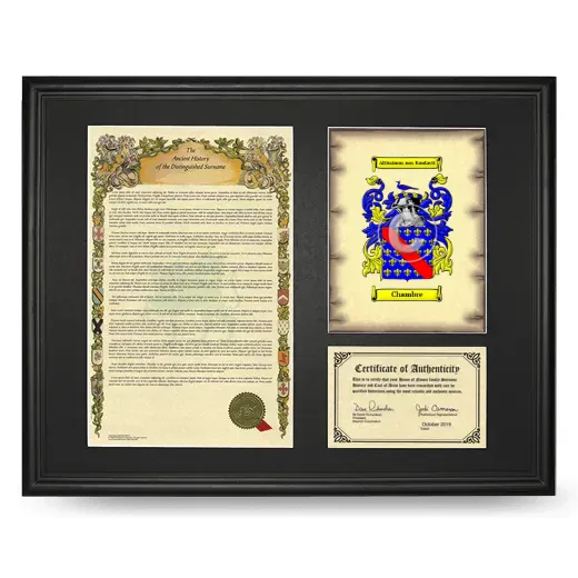 Chambre Framed Surname History and Coat of Arms - Black