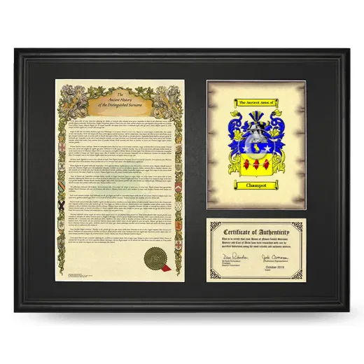 Champot Framed Surname History and Coat of Arms - Black