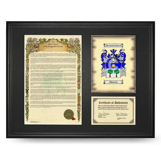 Chancey Framed Surname History and Coat of Arms - Black