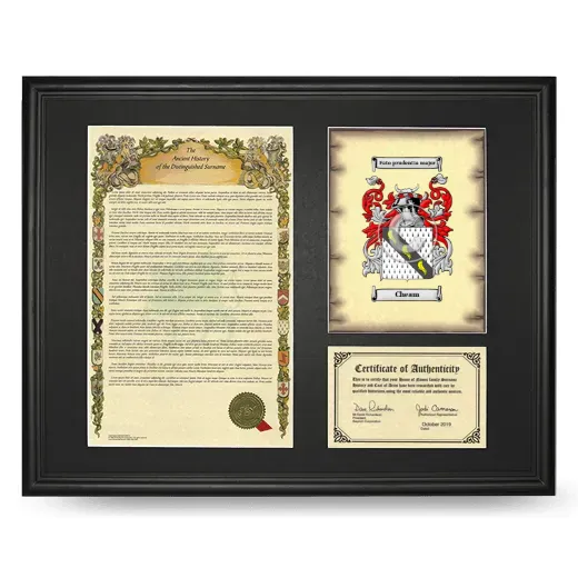Cheam Framed Surname History and Coat of Arms - Black
