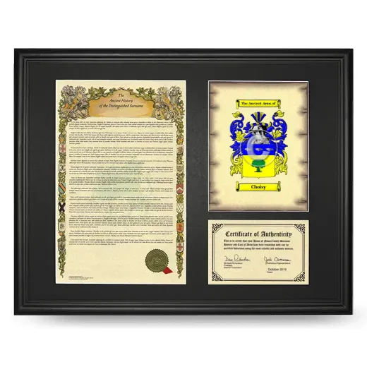 Choisy Framed Surname History and Coat of Arms - Black