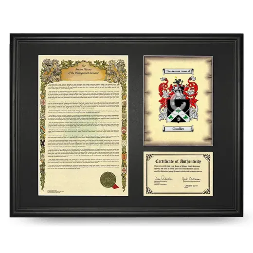 Chuffer Framed Surname History and Coat of Arms - Black