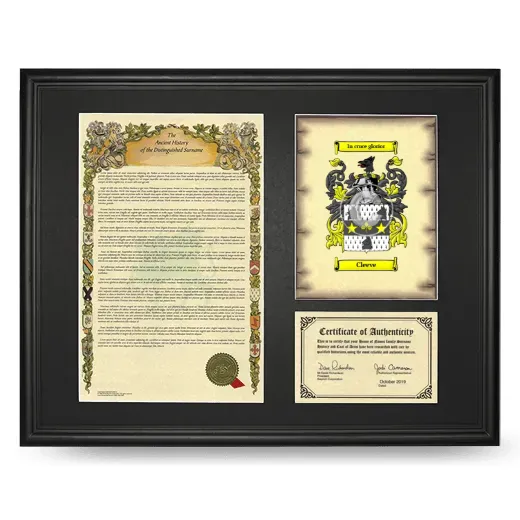 Cleeve Framed Surname History and Coat of Arms - Black